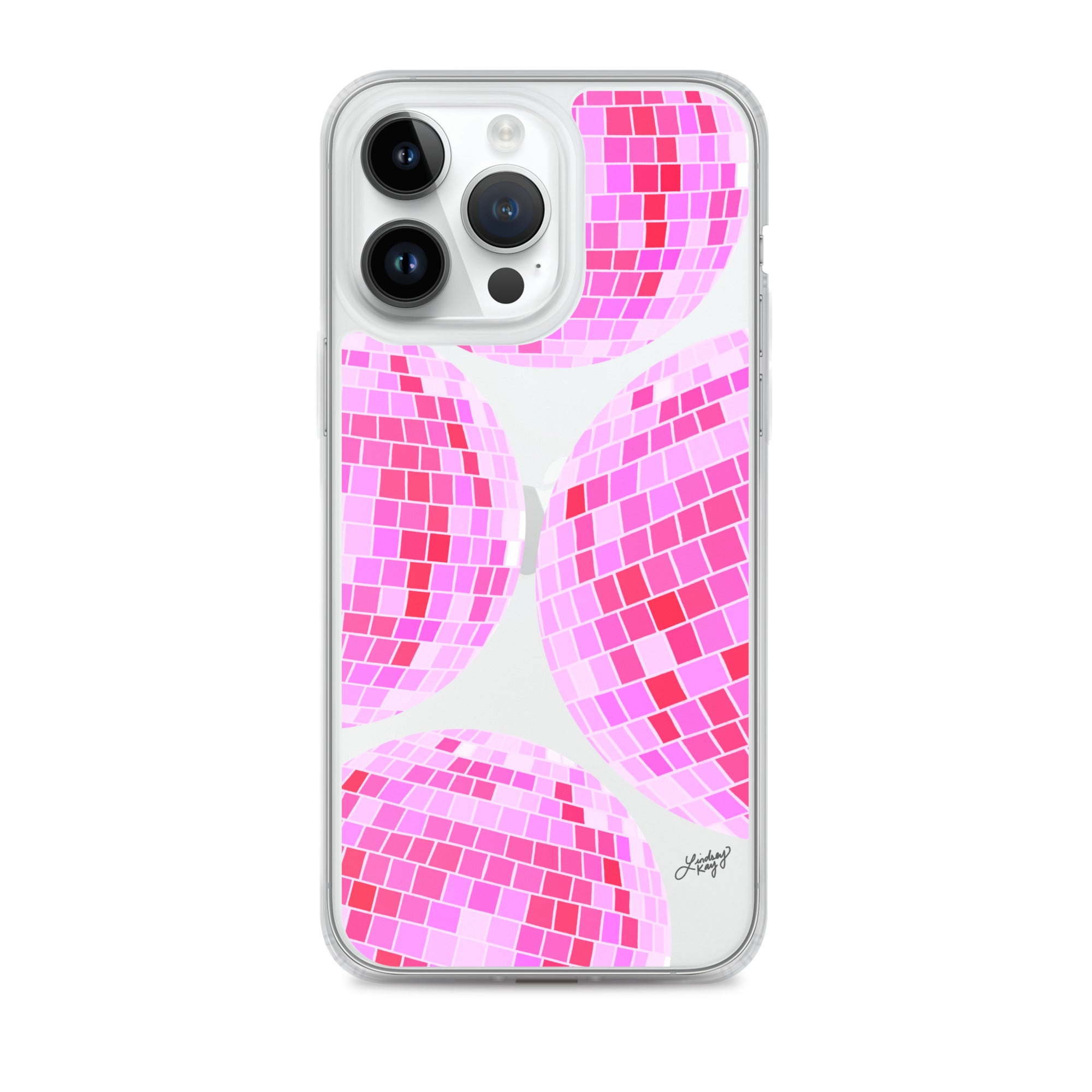 pink disco balls pattern illustration design iphone iphone-15 case cover protector clear tough mobile accessories trendy-iphone-case cute feminine phone-case lindsey kay collective 