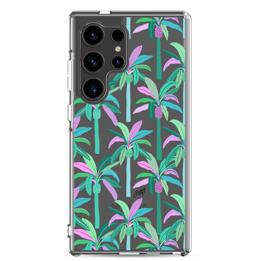 Clear durable Samsung phone case with a colorful green blue and purple palm trees pattern, perfect for any trendy girly girl. Original design by Lindsey Kay Collective.