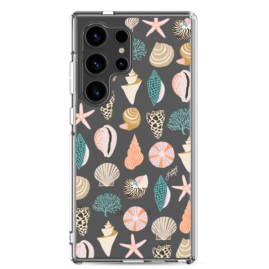Clear durable Samsung phone case with a colorful seashell pattern, perfect for any trendy girl who loves the ocean. Original design by Lindsey Kay Collective.