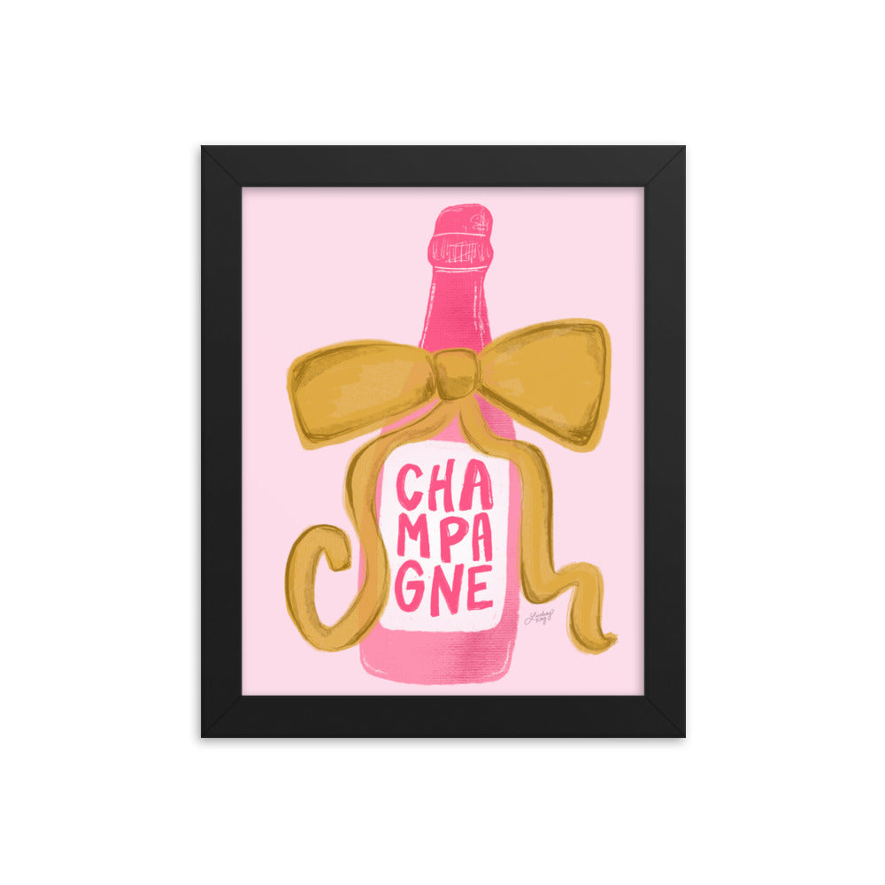 Ribbon Champagne Bottle Illustration - Framed Matte Print