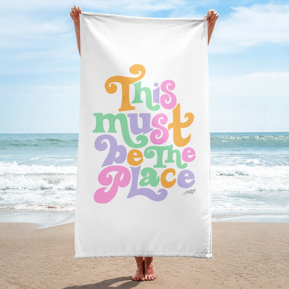 this must be the place beach-towel beach towel pool accessories colorful cute trendy summer ocean bachelorette travel vacation 