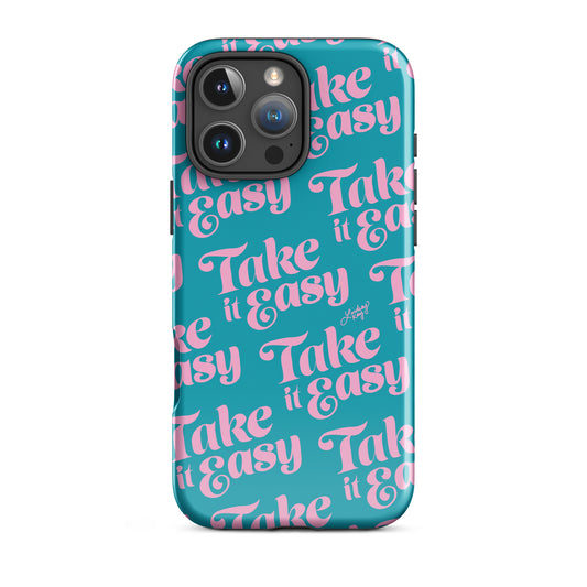 Hand-illustrated “Take It Easy” iPhone case – blue and pink retro typography, durable MagSafe cover by Lindsey Kay Collective