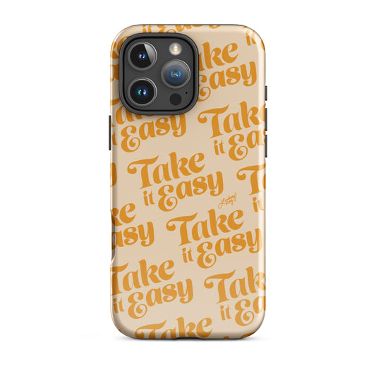 Cute and durable Phone case with a hand-drawn lyrics from the eagles "Take it Easy" in yellow, perfect for summer with a fun, girly, and trendy retro vibe.