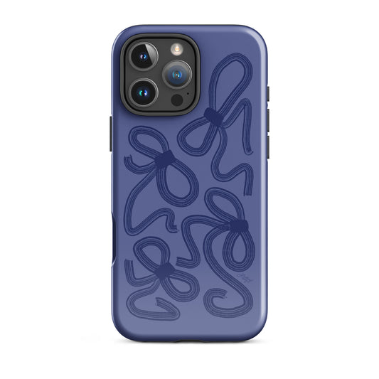 iPhone case featuring a hand-illustrated abstract navy ribbon pattern on a matte finish;  a tough dual-layer design, styled for a preppy, girly aesthetic.