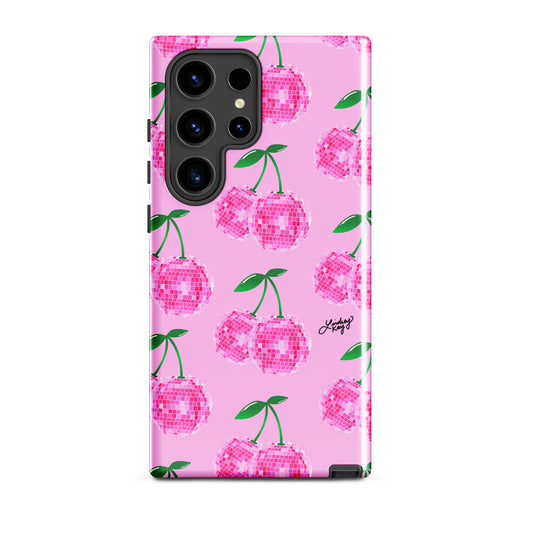 Samsung tough phone case featuring a hand-drawn pink disco ball cherries pattern. Durable, dual-layer protection with a retro, girly design—perfect for summer style and available for all Samsung models.