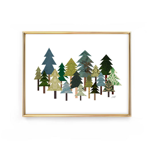 Mixed media collage art print featuring woodland trees in earthy tones. Perfect for rustic cabins, mountain homes, or boho nature-inspired spaces. Handcrafted with vintage paper textures and artistic detail by Lindsey Kay Collective, a female-owned small business in Denver, Colorado.