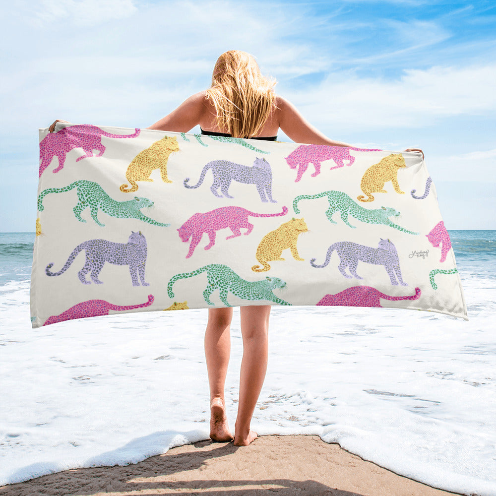 colorful leopards cats tigers jungle illustration design beach towel park pool summer lindsey kay collective
