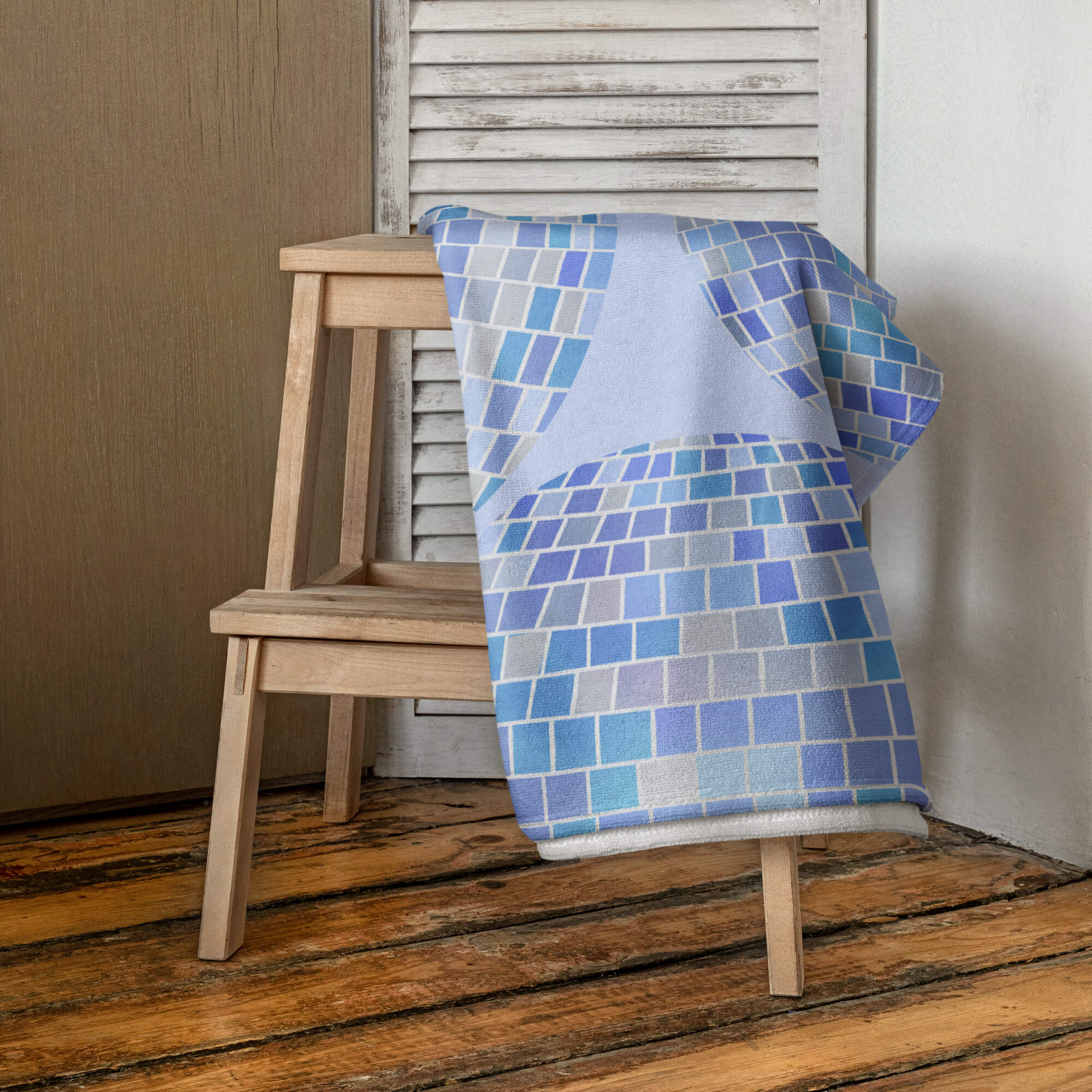 Retro blue disco ball beach towel with hand-illustrated design by Lindsey Kay Collective. Trendy towel for summer beach trips, pool days, coastal gifts, and retro blue aesthetic. 30x60 cotton polyester towel with cool-toned disco design.