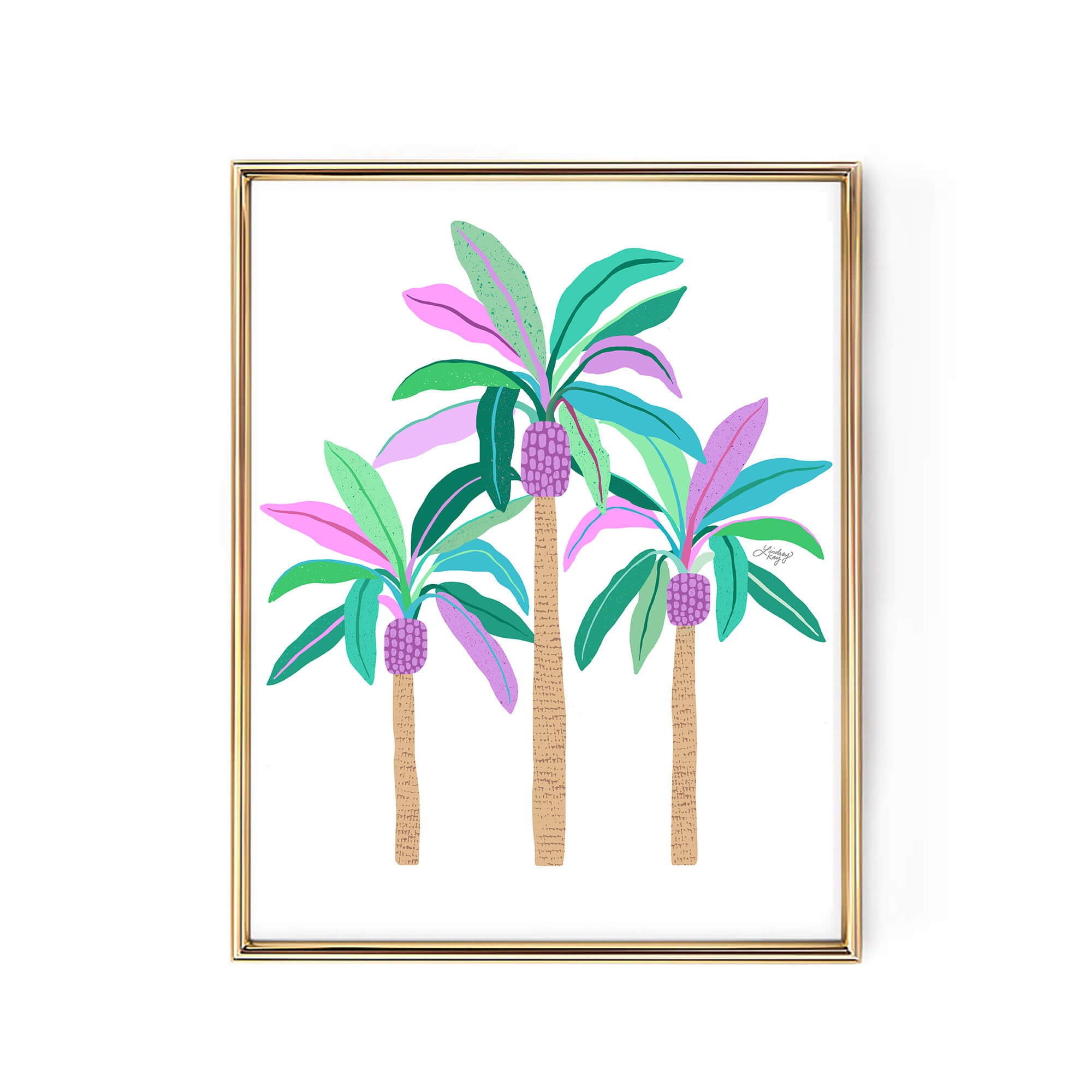 Colorful tropical palm trees art print by Lindsey Kay Collective – hand-illustrated beach wall art in purple, green, blue – vibrant tropical home decor for beach houses, coastal interiors, or gallery walls – bright summer wall art printed on matte paper with high-quality inks – available in multiple sizes