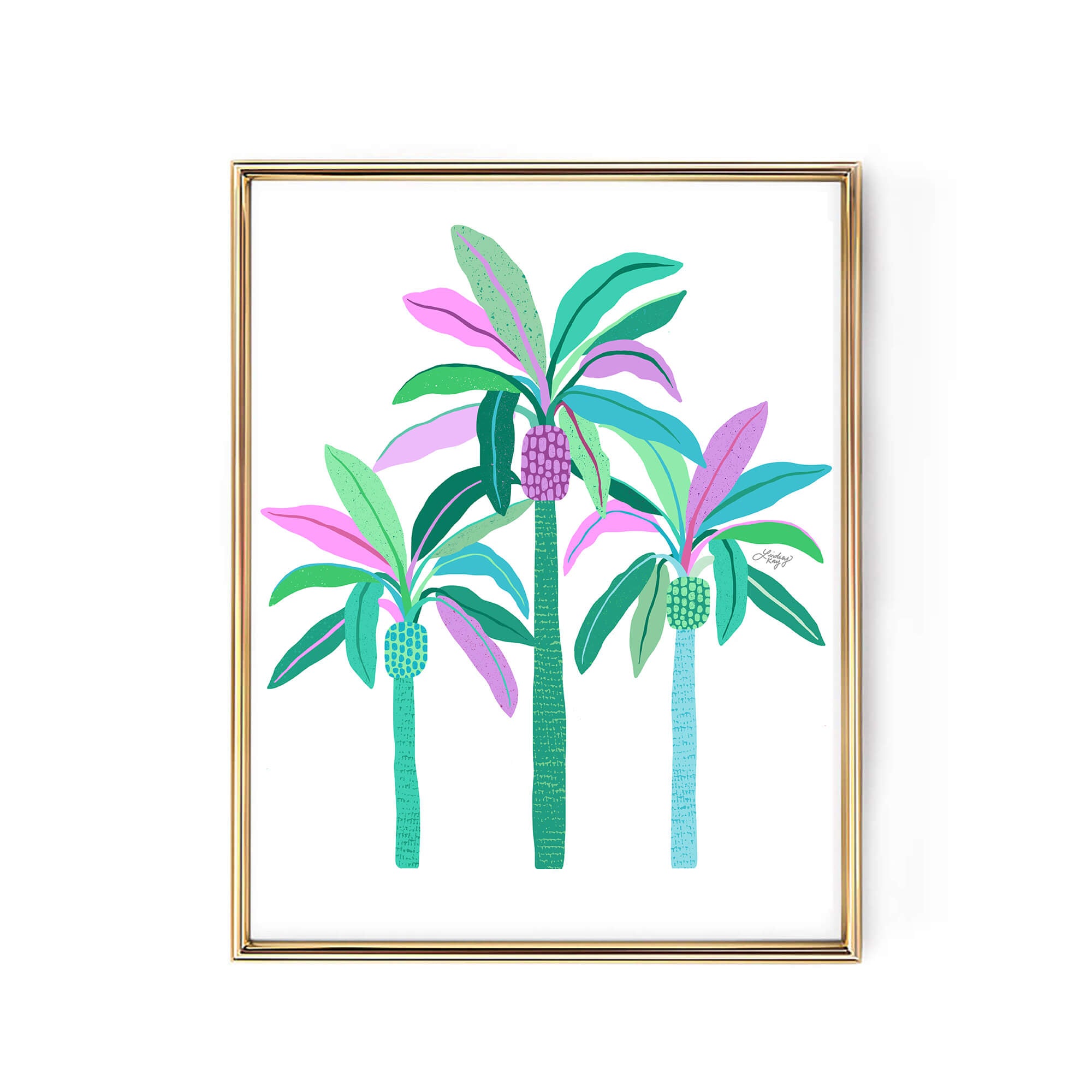 Colorful tropical palm trees art print by Lindsey Kay Collective – hand-illustrated beach wall art in purple, green, blue – vibrant tropical home decor for beach houses, coastal interiors, or gallery walls – bright summer wall art printed on matte paper with high-quality inks – available in multiple sizes