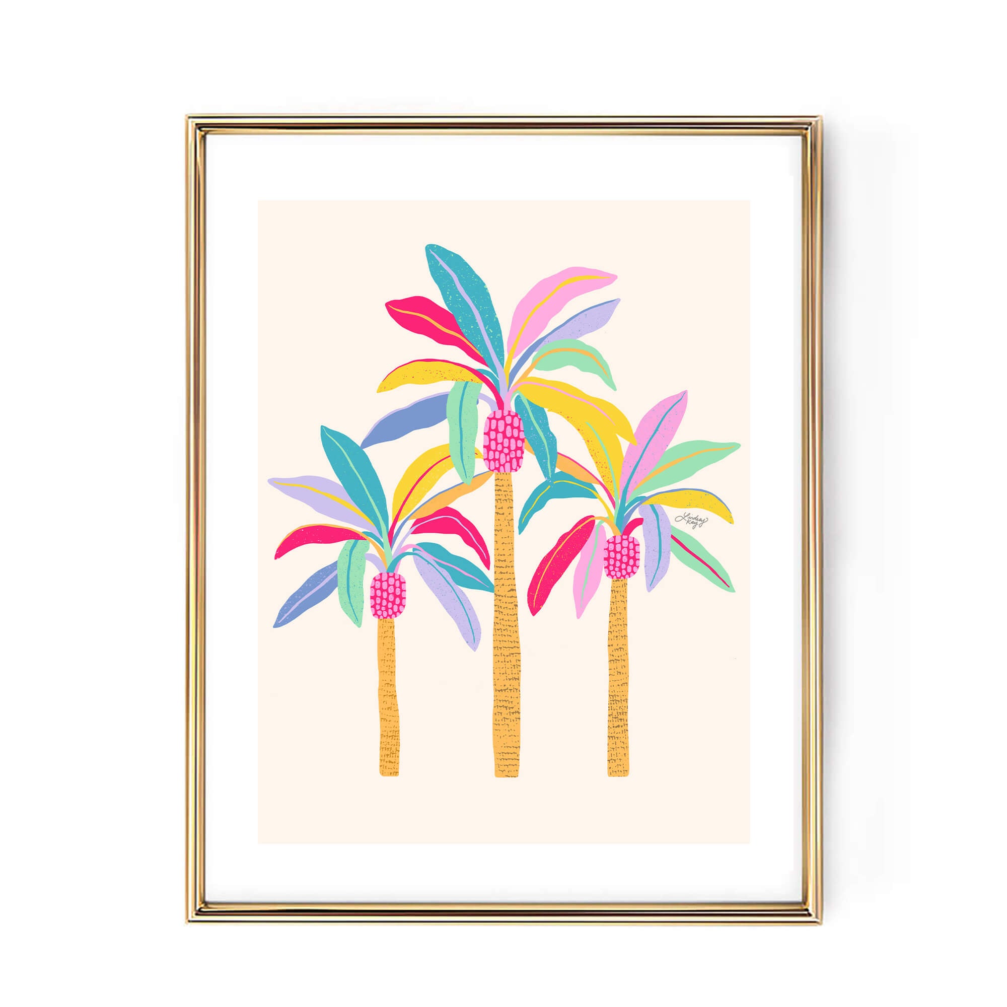 Hand-illustrated colorful pastel palm tree art print by Lindsey Kay Collective – tropical wall art available with tan or white background – perfect for beach houses, tropical rentals, Airbnbs, dorm rooms, or gallery walls – printed on enhanced matte paper with vibrant inks – available in 10 sizes