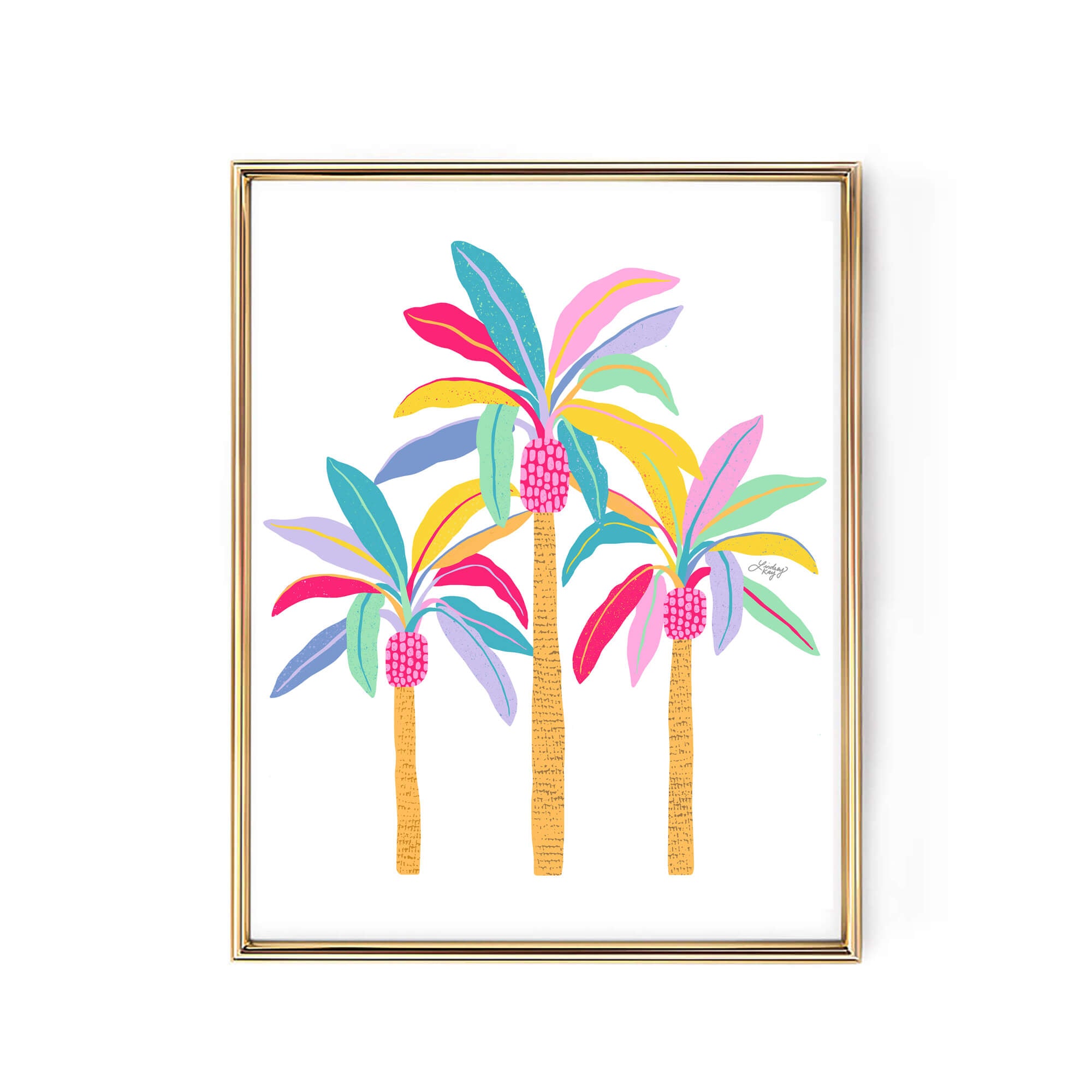 Hand-illustrated colorful pastel palm tree art print by Lindsey Kay Collective – tropical wall art available with tan or white background – perfect for beach houses, tropical rentals, Airbnbs, dorm rooms, or gallery walls – printed on enhanced matte paper with vibrant inks – available in 10 sizes