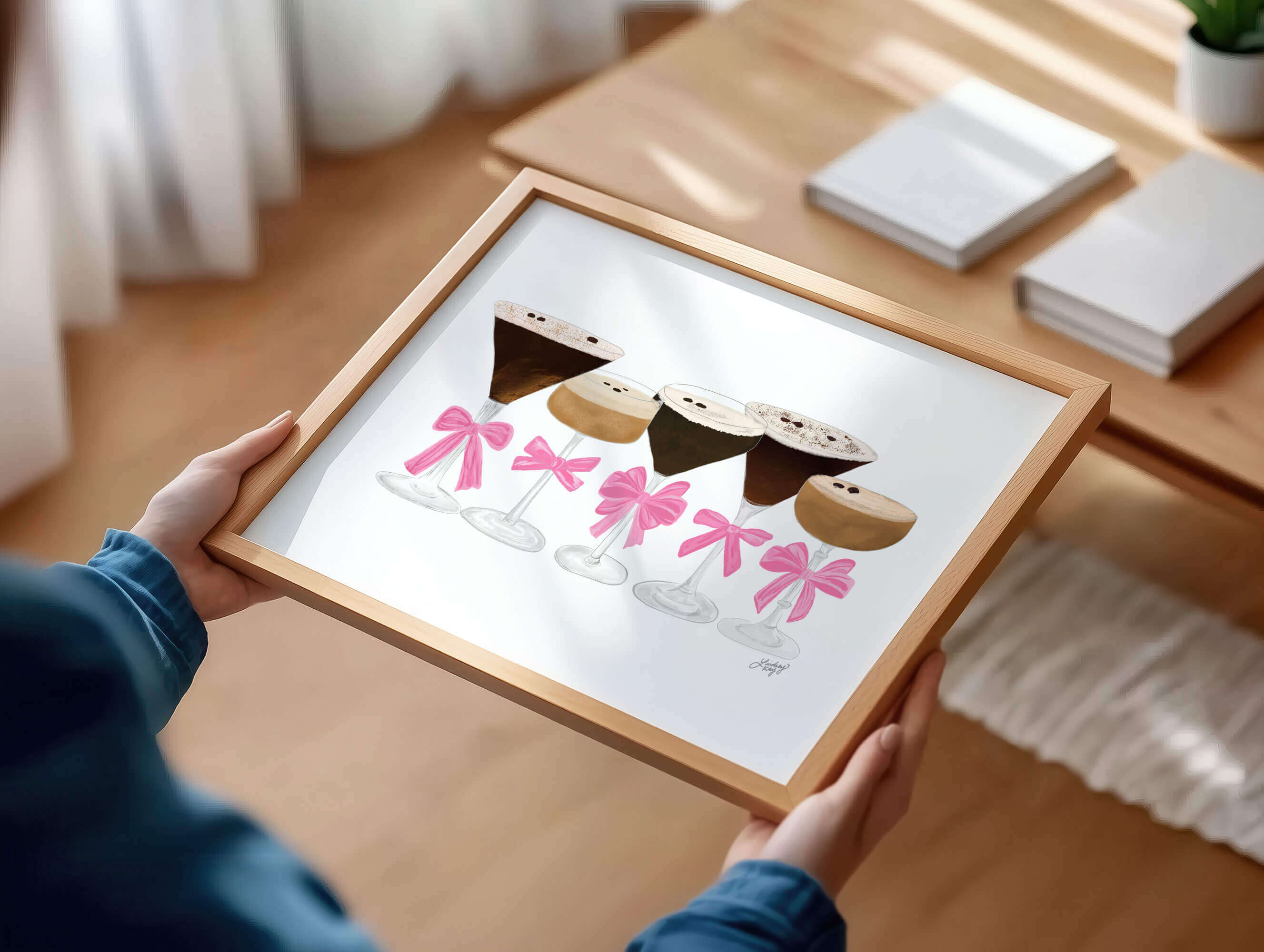 Hand-drawn espresso martini art print by Lindsey Kay Collective – available in classic style without ribbons or girly style with ribbons – cocktail wall art perfect for bar carts, kitchens, or gallery walls – printed on enhanced matte paper with vibrant inks – available in 10 sizes