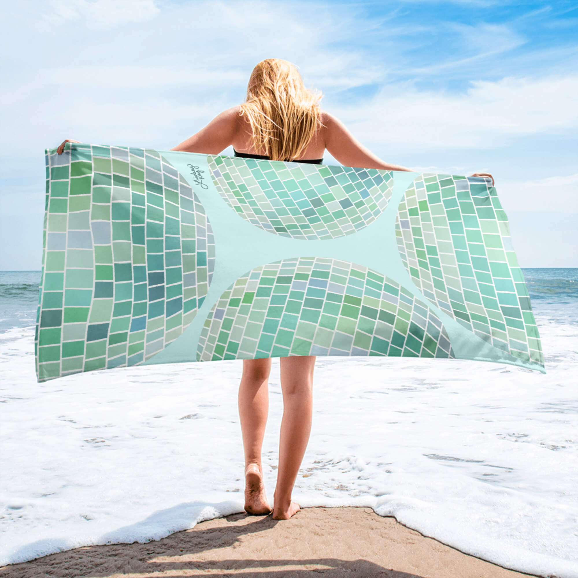 Retro green disco ball beach towel with hand-illustrated design by Lindsey Kay Collective. Funky vintage-inspired summer towel for beach days, pool parties, bachelorette gifts, and trendy aesthetic decor. 30x60 cotton polyester towel with groovy disco vibes.