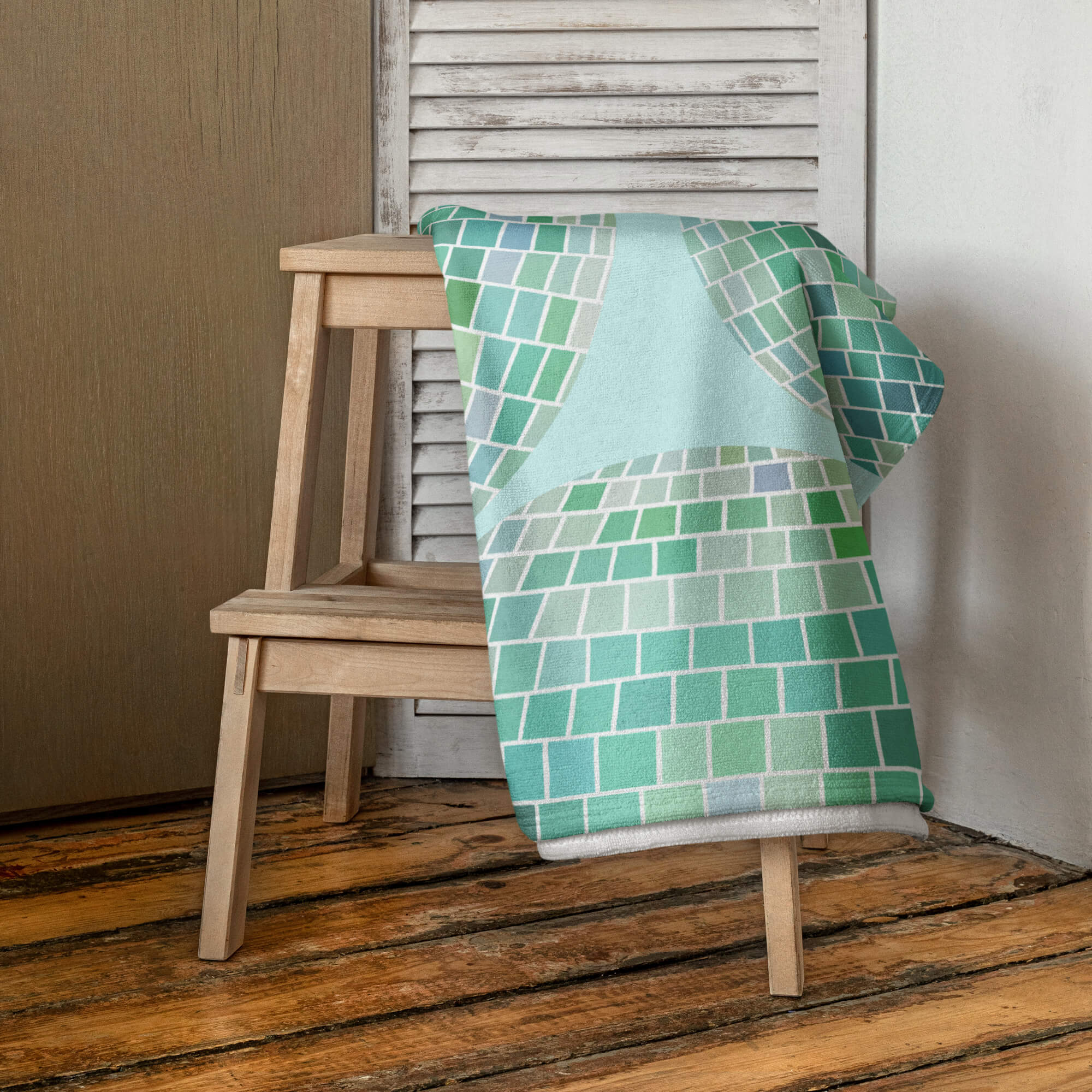 Retro green disco ball beach towel with hand-illustrated design by Lindsey Kay Collective. Funky vintage-inspired summer towel for beach days, pool parties, bachelorette gifts, and trendy aesthetic decor. 30x60 cotton polyester towel with groovy disco vibes.