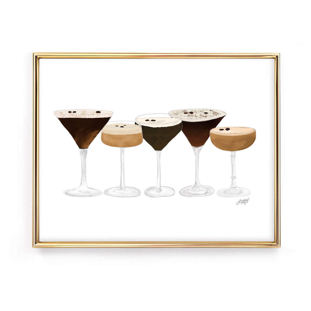 Hand-drawn espresso martini art print by Lindsey Kay Collective – available in classic style without ribbons or girly style with ribbons – cocktail wall art perfect for bar carts, kitchens, or gallery walls – printed on enhanced matte paper with vibrant inks – available in 10 sizes