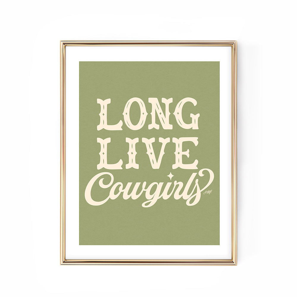 Hand-lettered Long Live Cowgirls western art print by Lindsey Kay Collective – available in 10 color palettes – perfect for western girly decor, dorm rooms, sororities, or gallery walls – printed on enhanced matte paper with vibrant inks – available in 10 sizes
