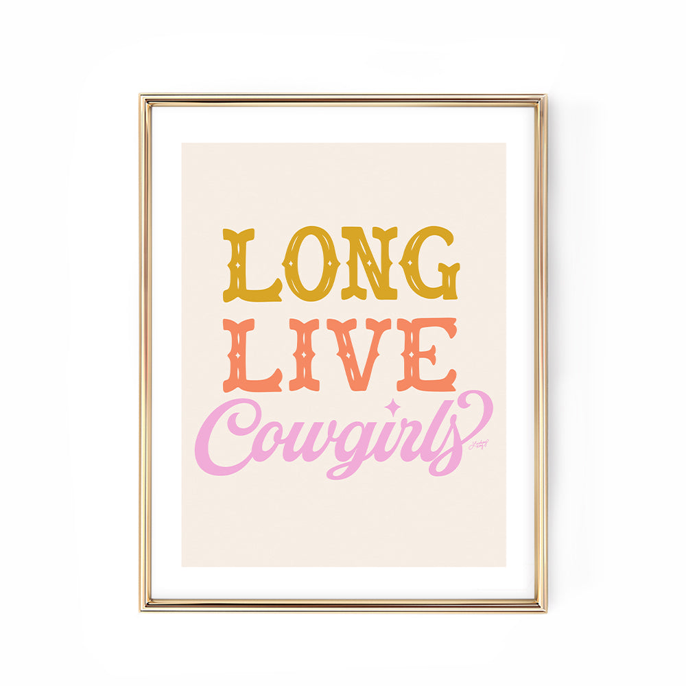 Hand-lettered Long Live Cowgirls western art print by Lindsey Kay Collective – available in 10 color palettes – perfect for western girly decor, dorm rooms, sororities, or gallery walls – printed on enhanced matte paper with vibrant inks – available in 10 sizes, gold pink red