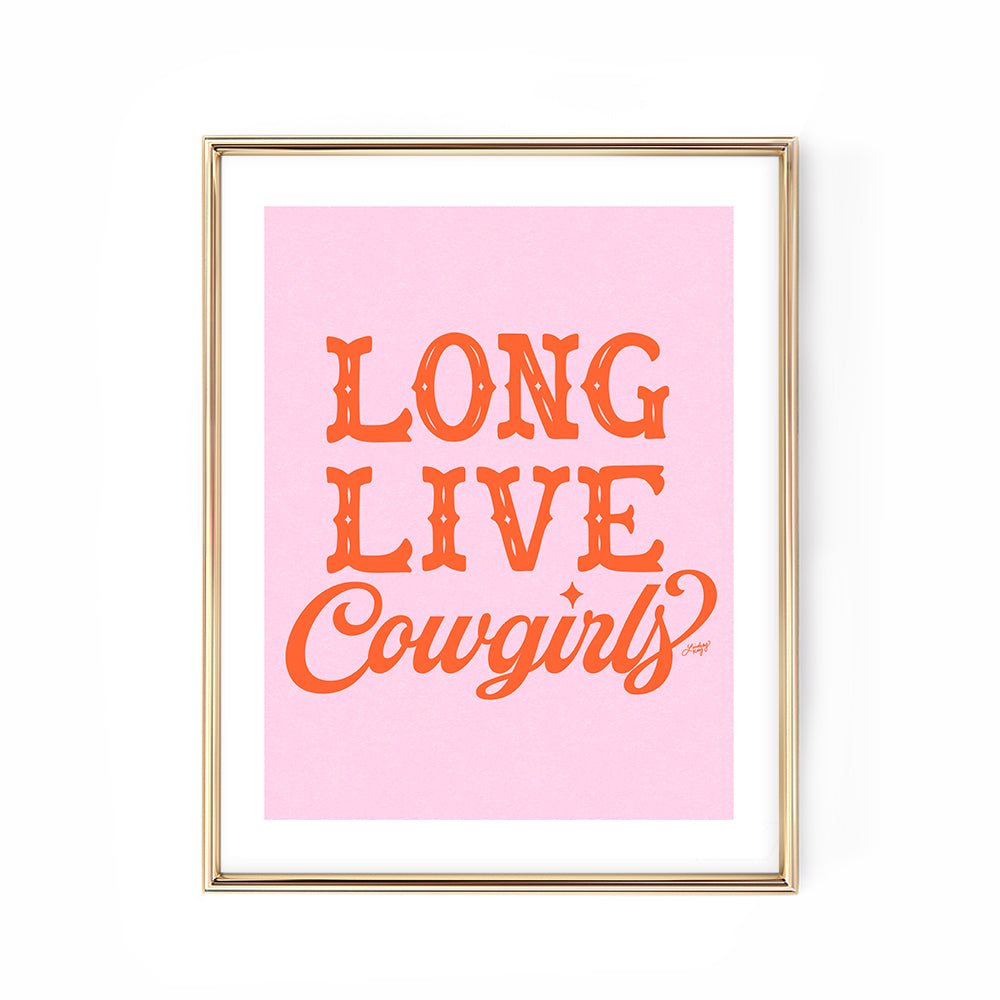 Hand-lettered Long Live Cowgirls western art print by Lindsey Kay Collective – available in 10 color palettes – perfect for western girly decor, dorm rooms, sororities, or gallery walls – printed on enhanced matte paper with vibrant inks – available in 10 sizes, pink and red