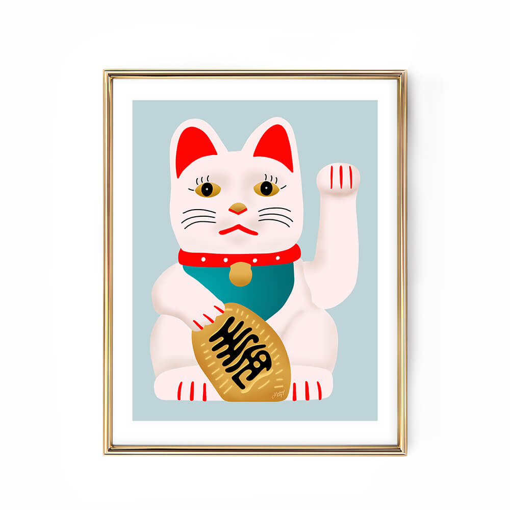 lucky cat kitty Hand-illustrated Lucky Cat art print in pink and gold – retro make money kitty wall art by Lindsey Kay Collective