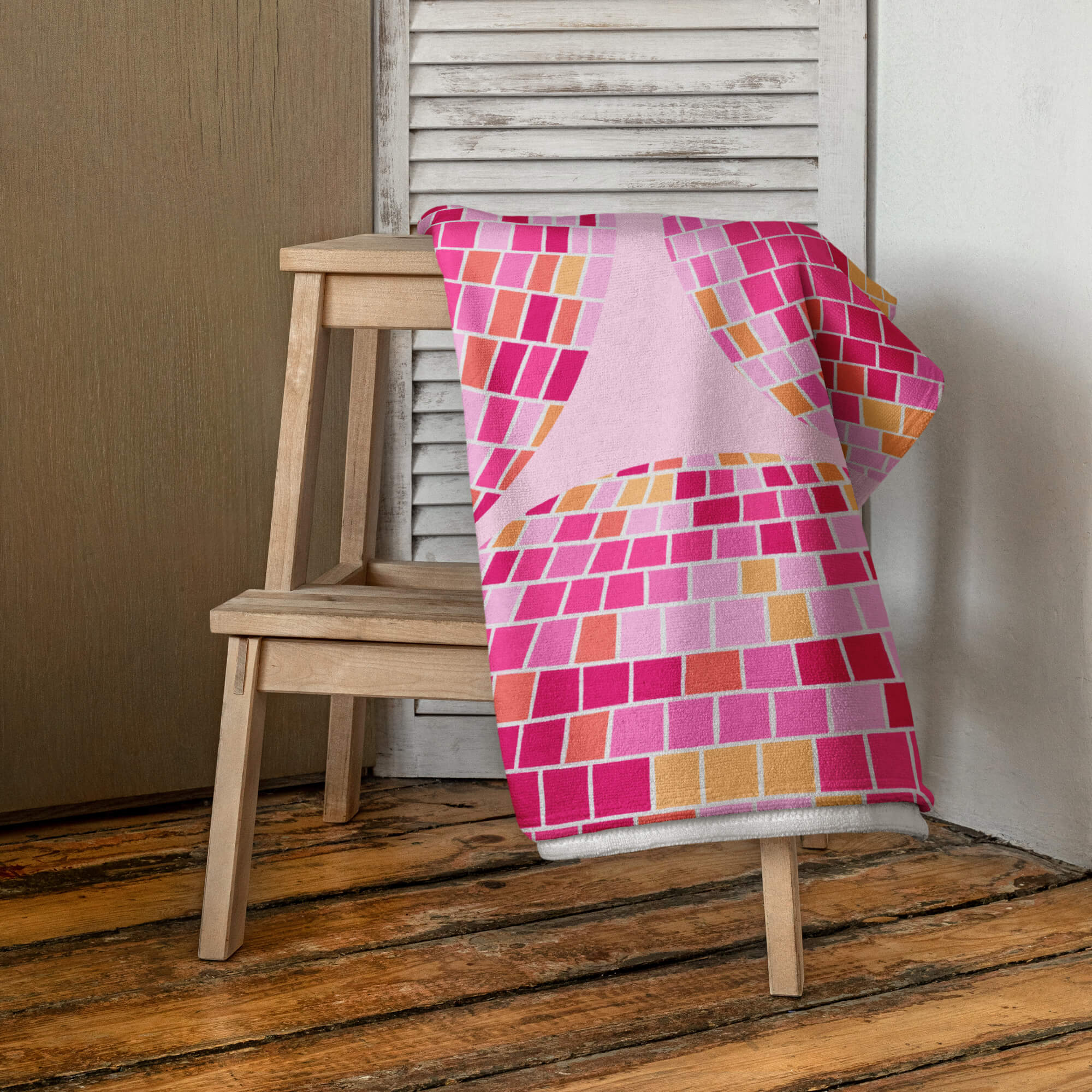 Retro pink, yellow, and orange disco ball beach towel with hand-drawn design by Lindsey Kay Collective. Groovy towel for summer beach days, bachelorette parties, poolside lounging, and colorful retro aesthetic. 30x60 cotton polyester summer towel.