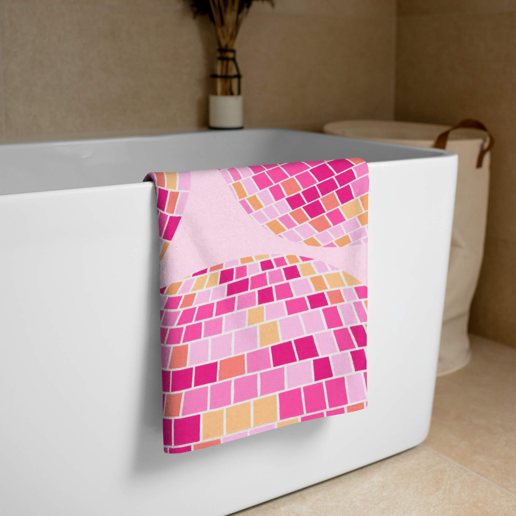 Retro pink, yellow, and orange disco ball beach towel with hand-drawn design by Lindsey Kay Collective. Groovy towel for summer beach days, bachelorette parties, poolside lounging, and colorful retro aesthetic. 30x60 cotton polyester summer towel.