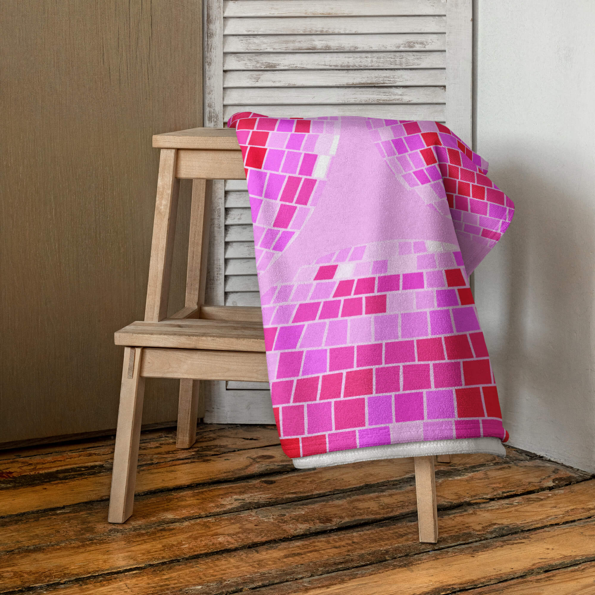 Pink retro disco ball beach towel with hand-drawn design by Lindsey Kay Collective. Aesthetic pool towel for summer beach days, bachelorette gifts, and trendy pink-loving girls. 30x60 soft cotton polyester towel with retro pink vibes.