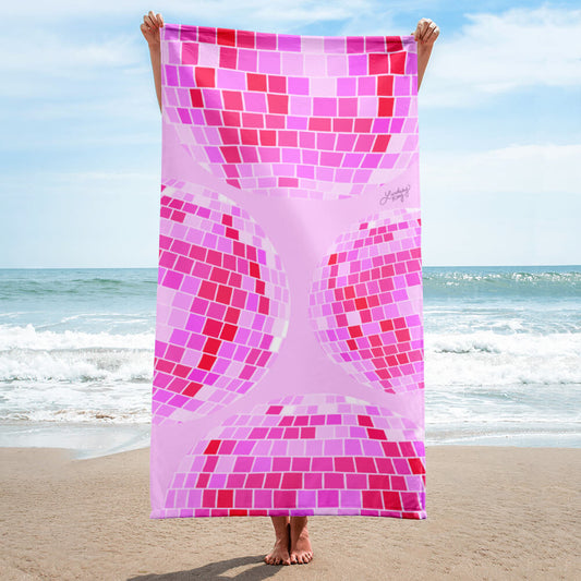 Pink retro disco ball beach towel with hand-drawn design by Lindsey Kay Collective. Aesthetic pool towel for summer beach days, bachelorette gifts, and trendy pink-loving girls. 30x60 soft cotton polyester towel with retro pink vibes.