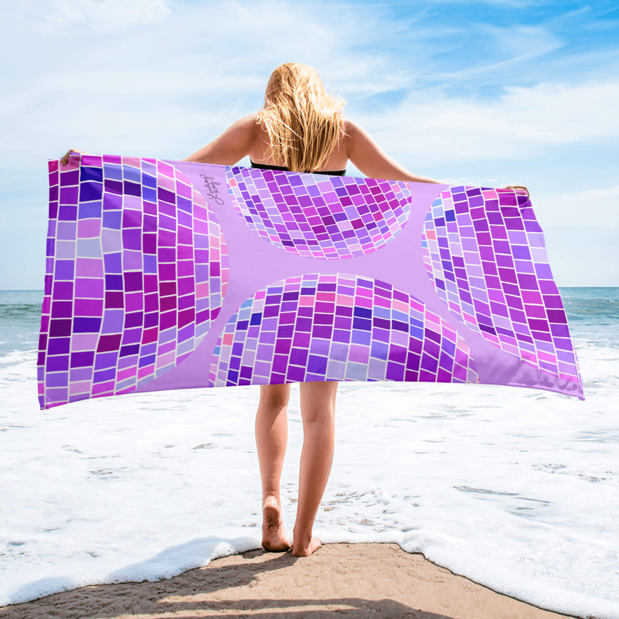 Retro purple disco ball beach towel with hand-illustrated design by Lindsey Kay Collective. Trendy summer towel for beach days, poolside lounging, bachelorette gifts, and retro aesthetic decor. 30x60 cotton polyester towel with vintage disco party vibes.