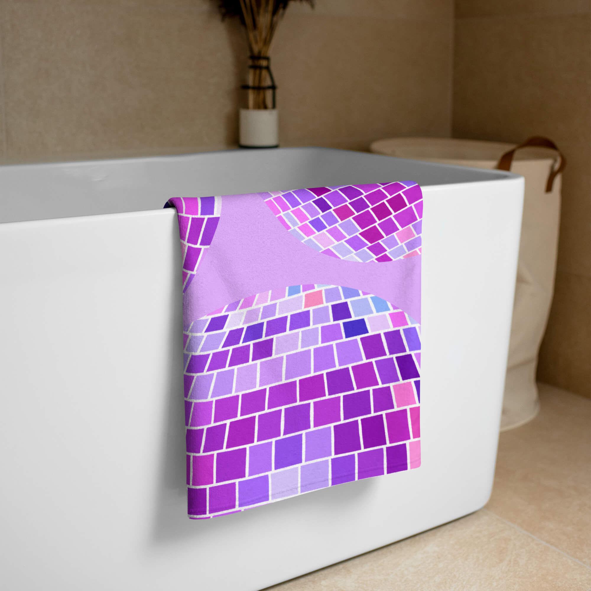 Retro purple disco ball beach towel with hand-illustrated design by Lindsey Kay Collective. Trendy summer towel for beach days, poolside lounging, bachelorette gifts, and retro aesthetic decor. 30x60 cotton polyester towel with vintage disco party vibes.