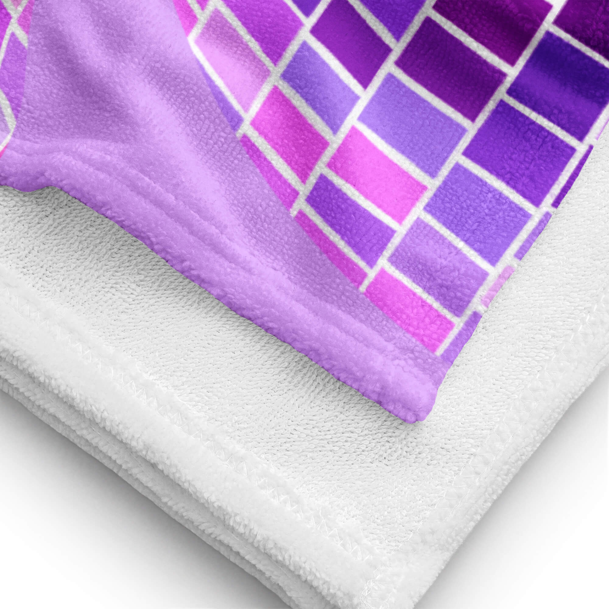 Retro purple disco ball beach towel with hand-illustrated design by Lindsey Kay Collective. Trendy summer towel for beach days, poolside lounging, bachelorette gifts, and retro aesthetic decor. 30x60 cotton polyester towel with vintage disco party vibes.