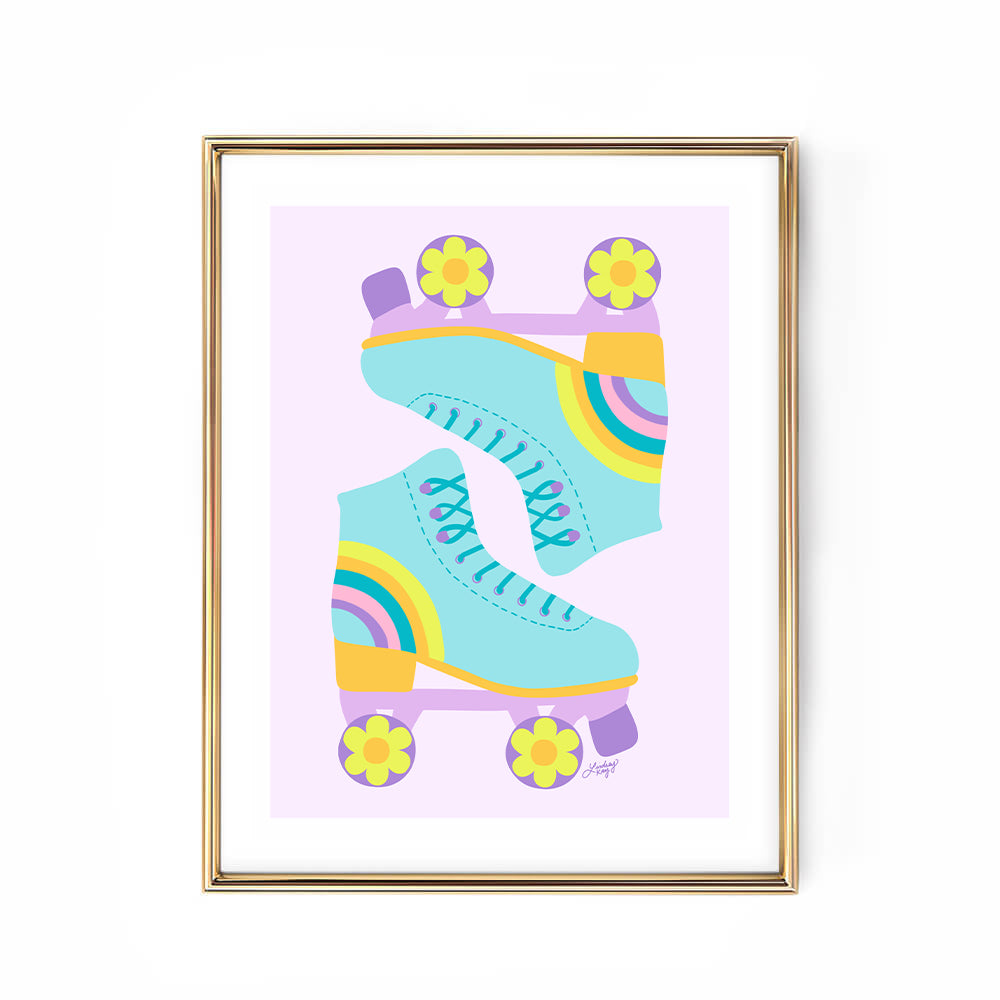 Hand-illustrated retro flower power roller skates art print by Lindsey Kay Collective – colorful vintage roller skate wall art – perfect for dorm rooms, gallery walls, or retro girly decor – printed on enhanced matte paper with vibrant inks – available in multiple sizes