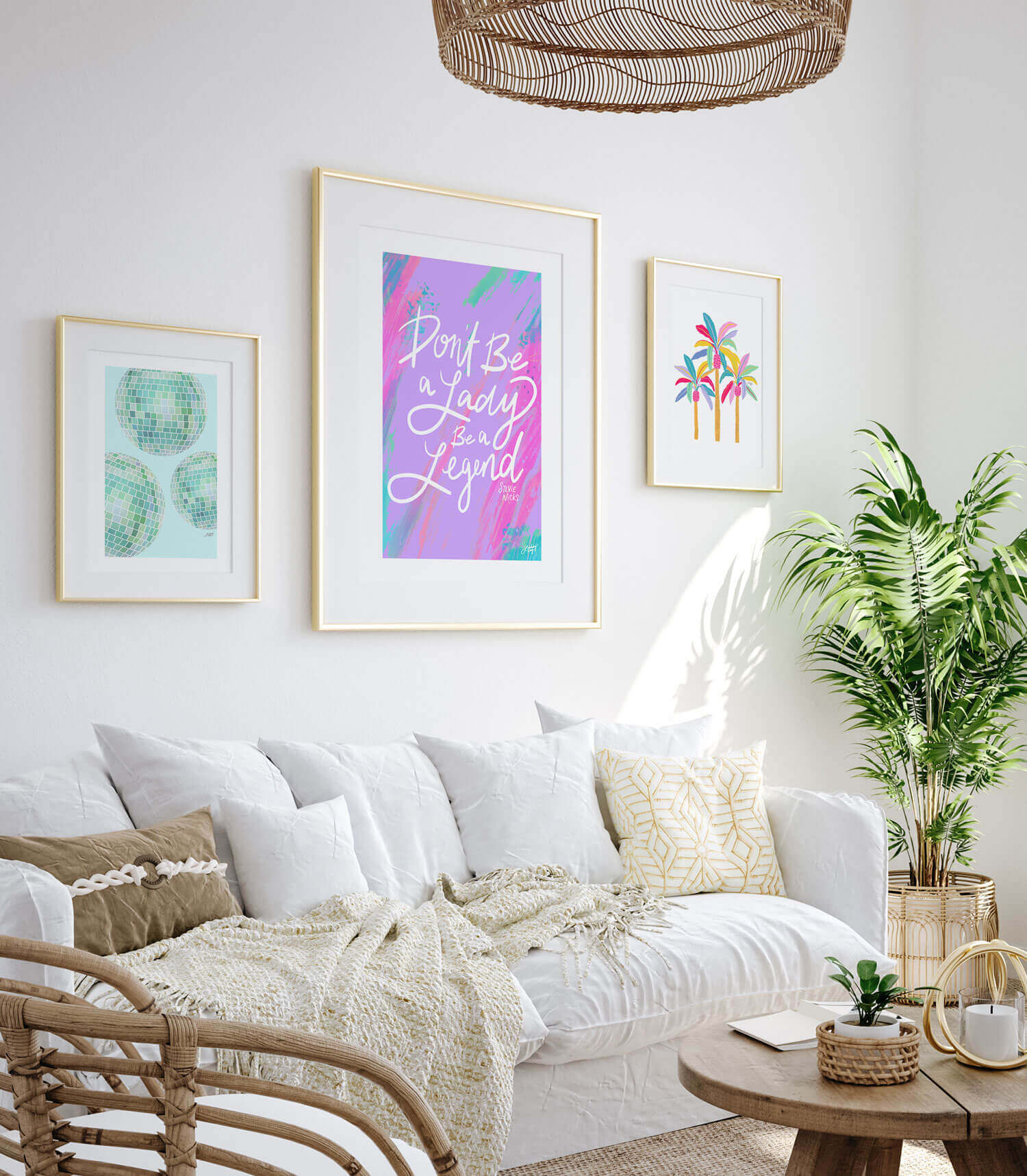 Hand-lettered Stevie Nicks quote art print Don’t Be a Lady Be a Legend by Lindsey Kay Collective – empowering inspirational wall art – available in gold/white, pink, pastel purple/green, and black/purple color palettes – perfect for female empowerment gifts, office decor, dorm rooms, or gallery walls – printed on enhanced matte paper with vibrant inks – available in 10 sizes