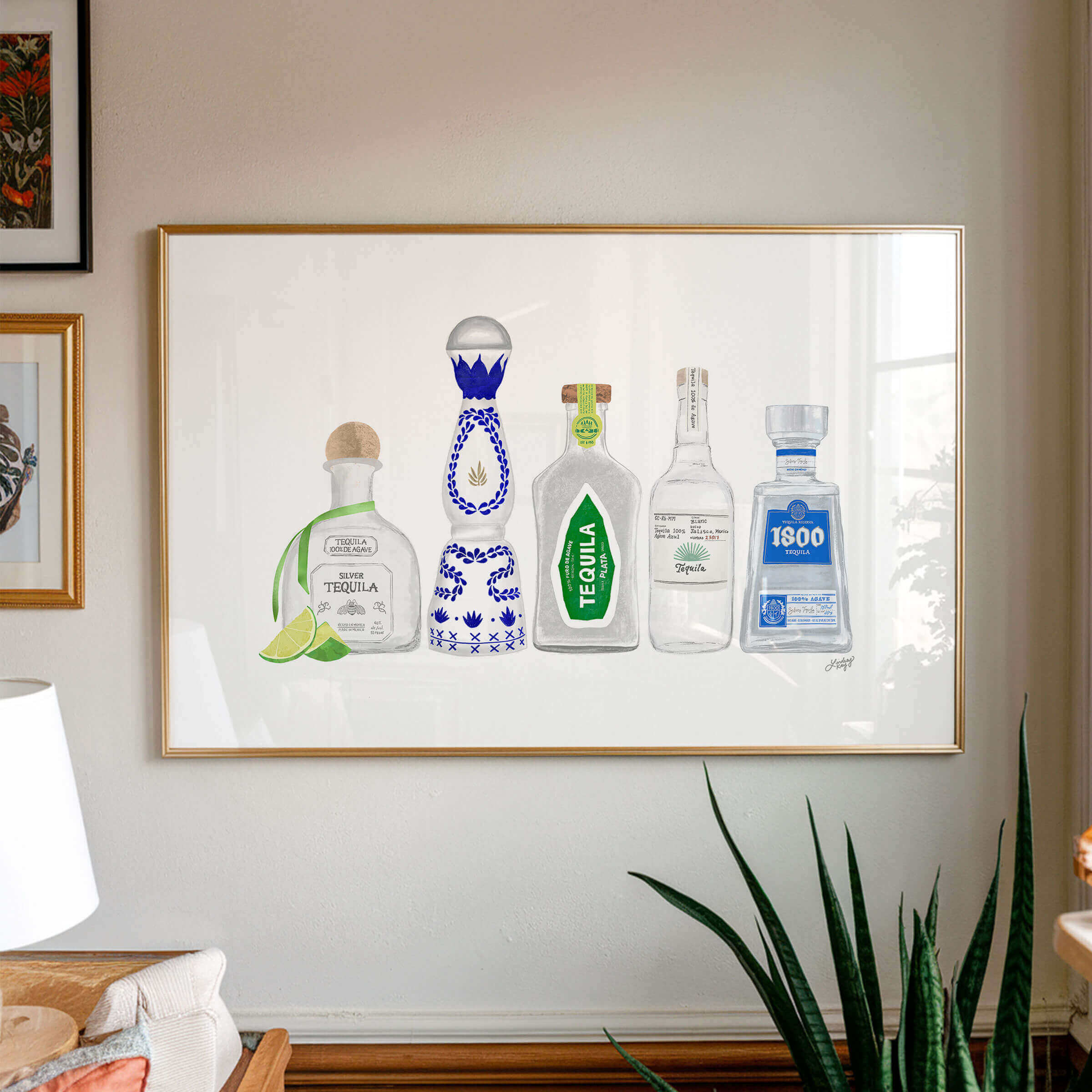 Hand drawn tequila bottles art print by Lindsey Kay Collective. Colorful illustrated tequila bottles perfect for bar cart décor, kitchen walls, or fun gallery spaces. Printed on enhanced matte paper, available in multiple sizes.