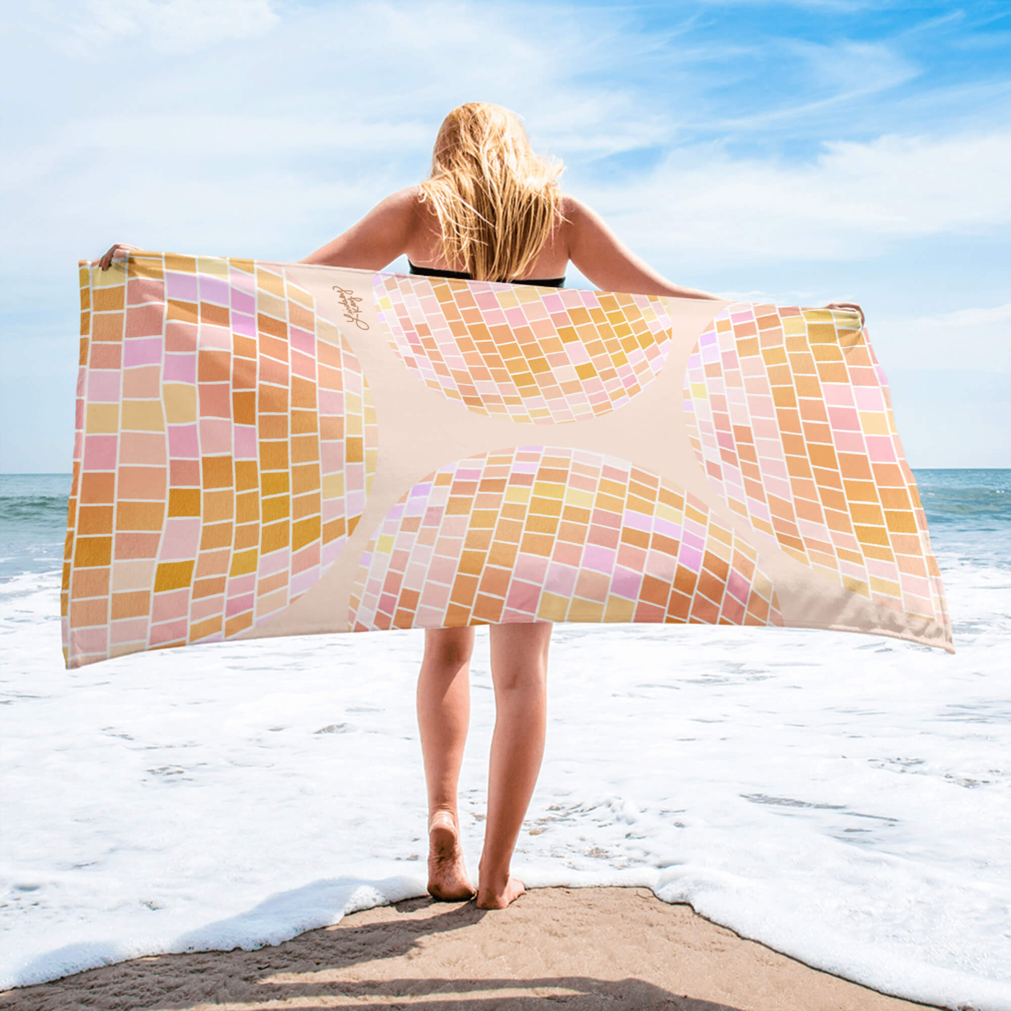 Retro yellow disco ball beach towel with hand-drawn design by Lindsey Kay Collective. Bright summer towel for beach lovers, bachelorettes, retro-inspired poolside decor, and golden aesthetic vibes. 30x60 cotton polyester towel.

