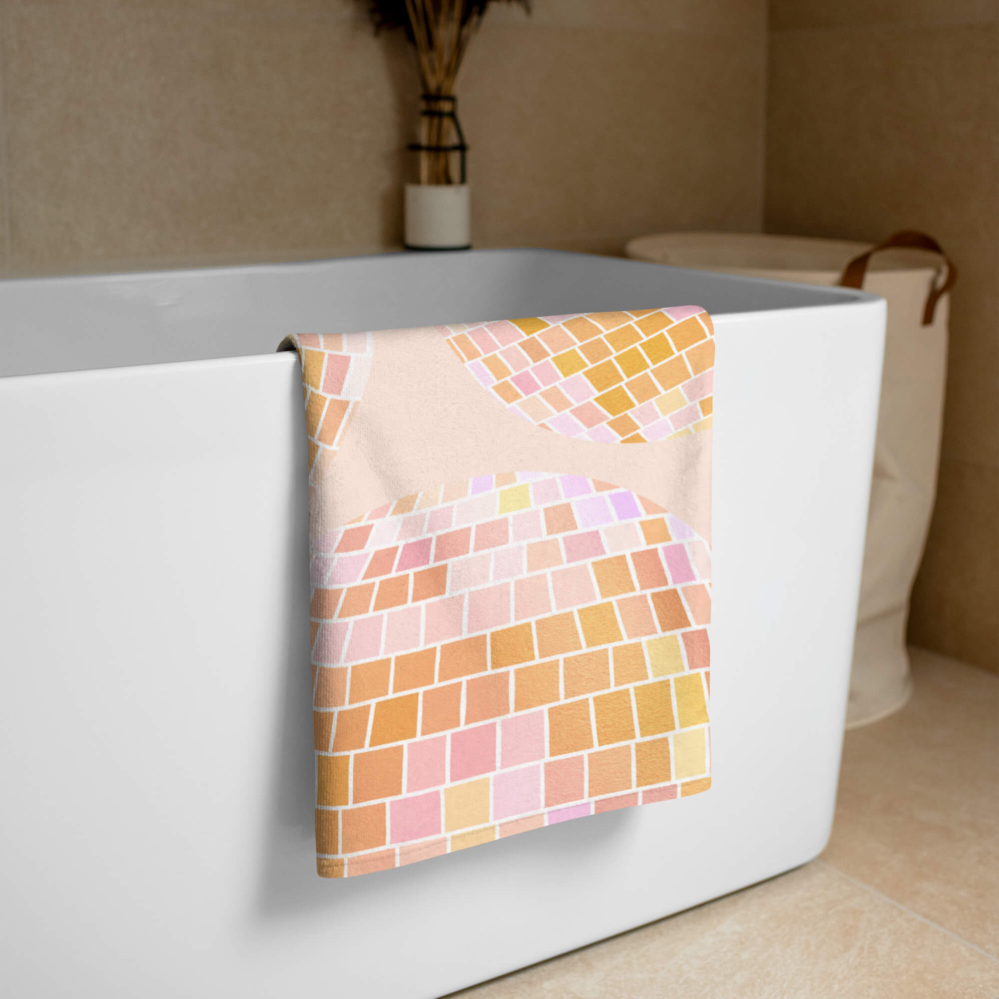 Retro yellow disco ball beach towel with hand-drawn design by Lindsey Kay Collective. Bright summer towel for beach lovers, bachelorettes, retro-inspired poolside decor, and golden aesthetic vibes. 30x60 cotton polyester towel.

