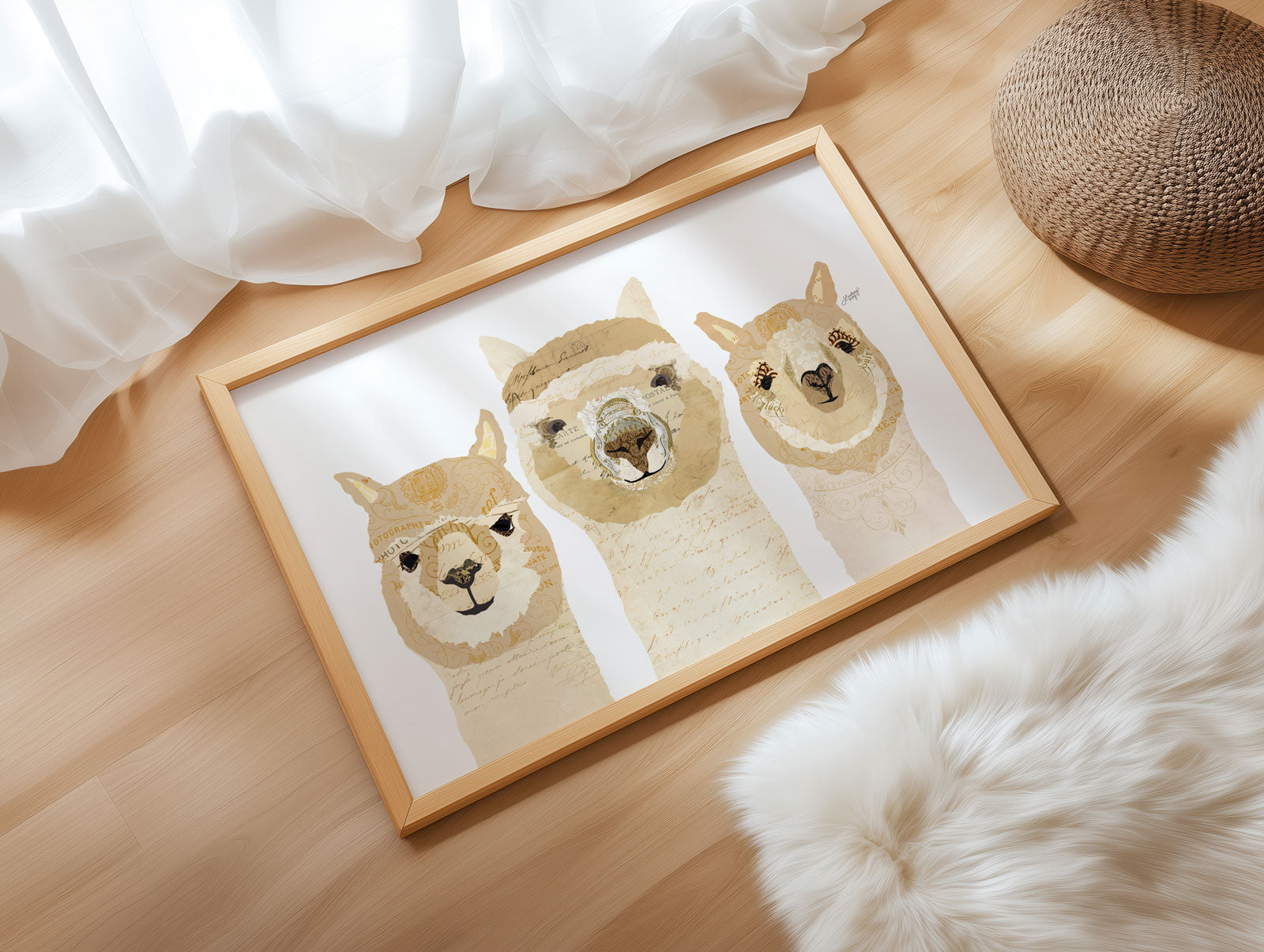 Three alpaca collage art print by Lindsey Kay Collective – boho wall art made from vintage paper – cute animal portraits perfect for alpaca lovers, nurseries, or eclectic gallery walls – printed on enhanced matte paper with vibrant inks – available in multiple sizes