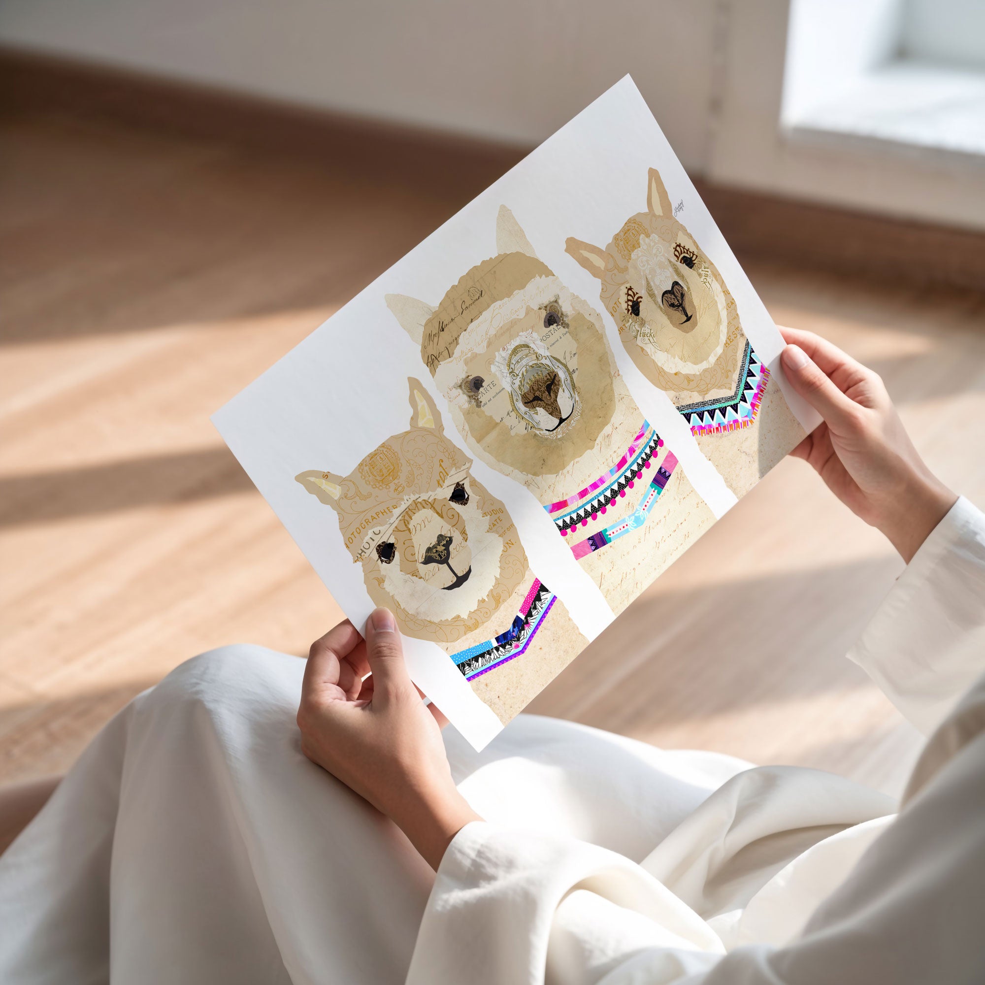 Three alpaca collage art print by Lindsey Kay Collective – boho wall art made from vintage paper – cute animal portraits perfect for alpaca lovers, nurseries, or eclectic gallery walls – printed on enhanced matte paper with vibrant inks – available in multiple sizes