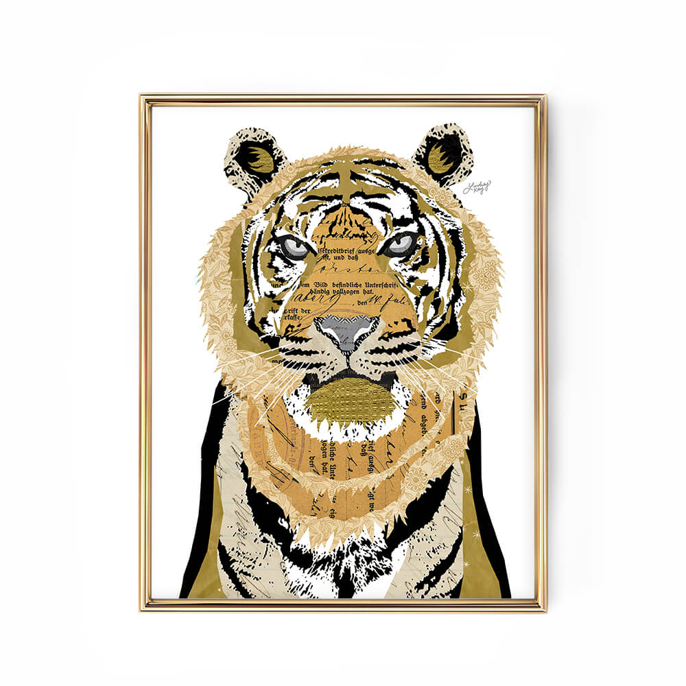 Gold collaged tiger art print by Lindsey Kay Collective – one-of-a-kind animal wall art made from vintage paper – bold vibrant tiger design perfect for gallery walls, dorm rooms, or animal lovers – printed on enhanced matte paper with bright inks – available in 10 sizes
