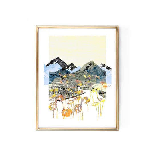 Daisy Mountain collage art print by Lindsey Kay Collective – mountain landscape wall art created from vintage images and textures – available in pink/blue or blue/yellow color palettes – perfect for cabins, mountain homes, or rustic gallery walls – printed on enhanced matte paper – available in 5x7, 8x10, 11x14, 11x17, 12x12, 12x18, 13x19, 16x20, 18x24, and 24x36 sizes