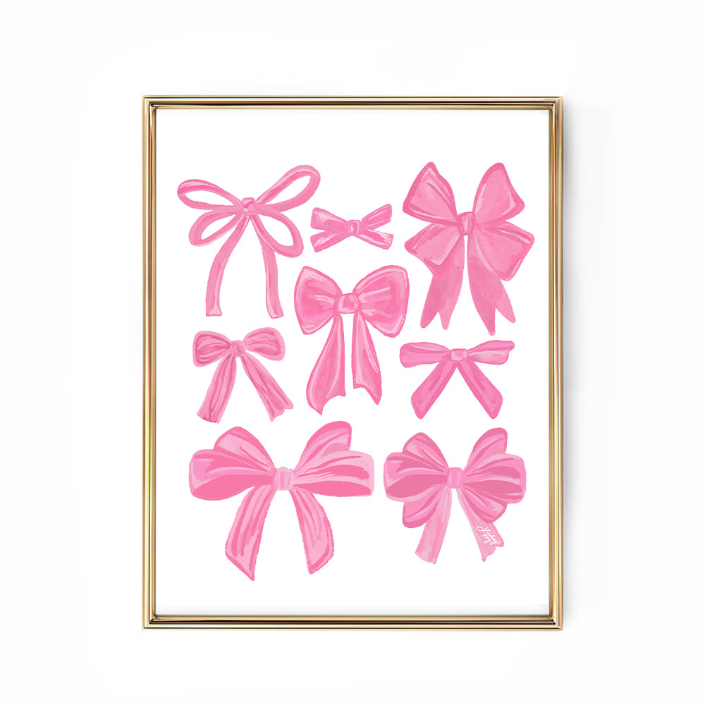 Hand-illustrated pink coquette ribbons art print by Lindsey Kay Collective – girly retro bow wall art – perfect for gallery walls, dorm rooms, or coquette decor – printed on enhanced matte paper with vibrant inks – available in multiple sizes