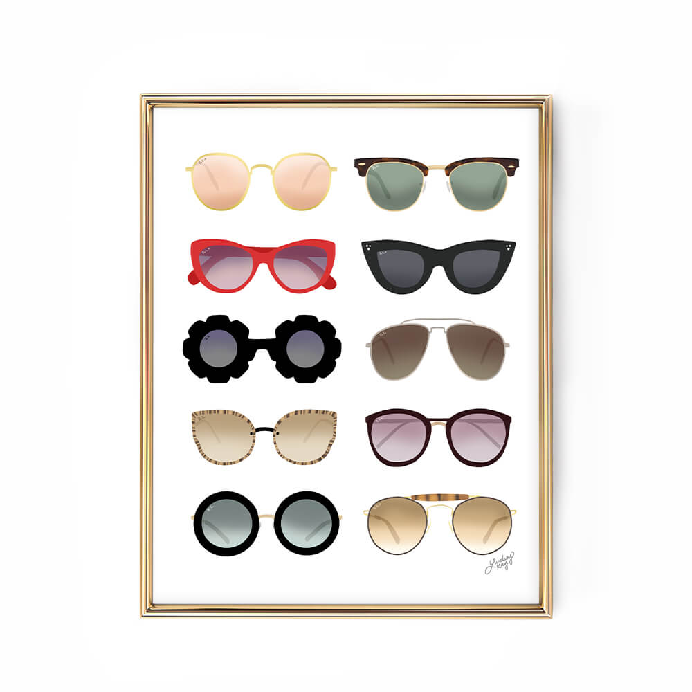 retro art print featuring hand-illustrated retro sunglasses, combining playful colors and vintage flair for a bold, trendy wall decor statement.
