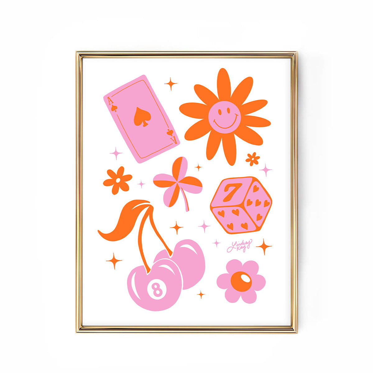 Hand-drawn Y2K aesthetic art print featuring flowers, dice, cherries, eight balls, and retro icons on matte paper