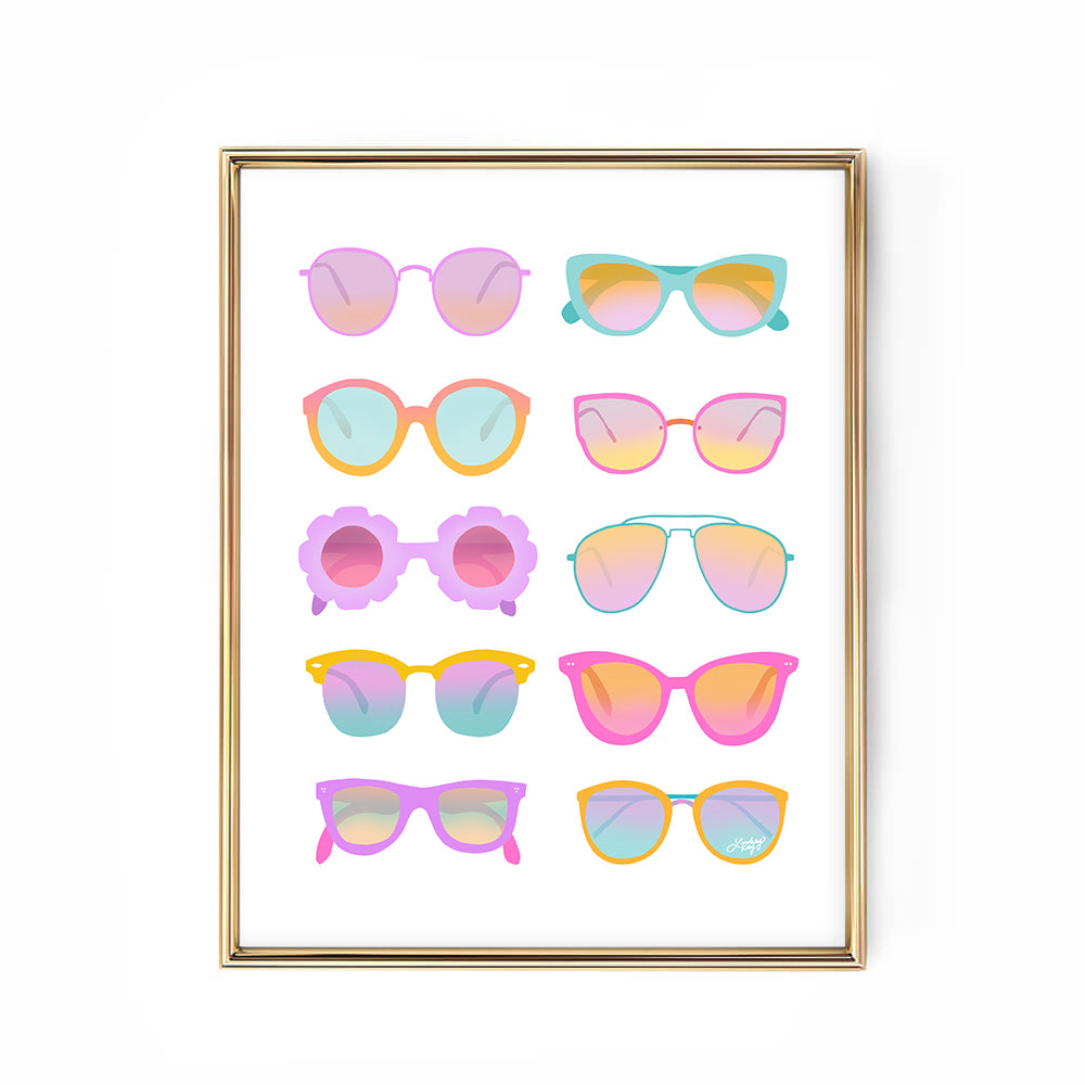 Neon pastel art print featuring hand-illustrated retro sunglasses, combining playful colors and vintage flair for a bold, trendy wall decor statement. Created by Lindsey Kay Collective.