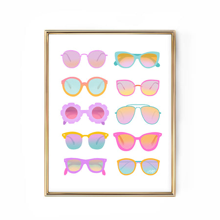 Neon pastel art print featuring hand-illustrated retro sunglasses, combining playful colors and vintage flair for a bold, trendy wall decor statement. Created by Lindsey Kay Collective.