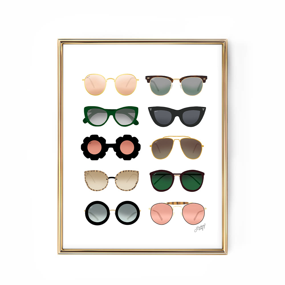 green, gold, black and peach art print featuring hand-illustrated retro sunglasses, combining playful colors and vintage flair for a bold, trendy wall decor statement.