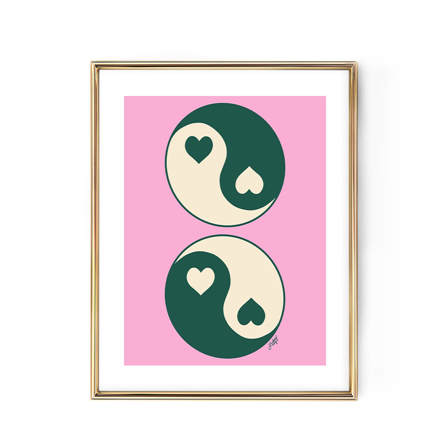 Funky retro green and pink yin-yang art print with hand-drawn hearts, printed on enhanced matte paper