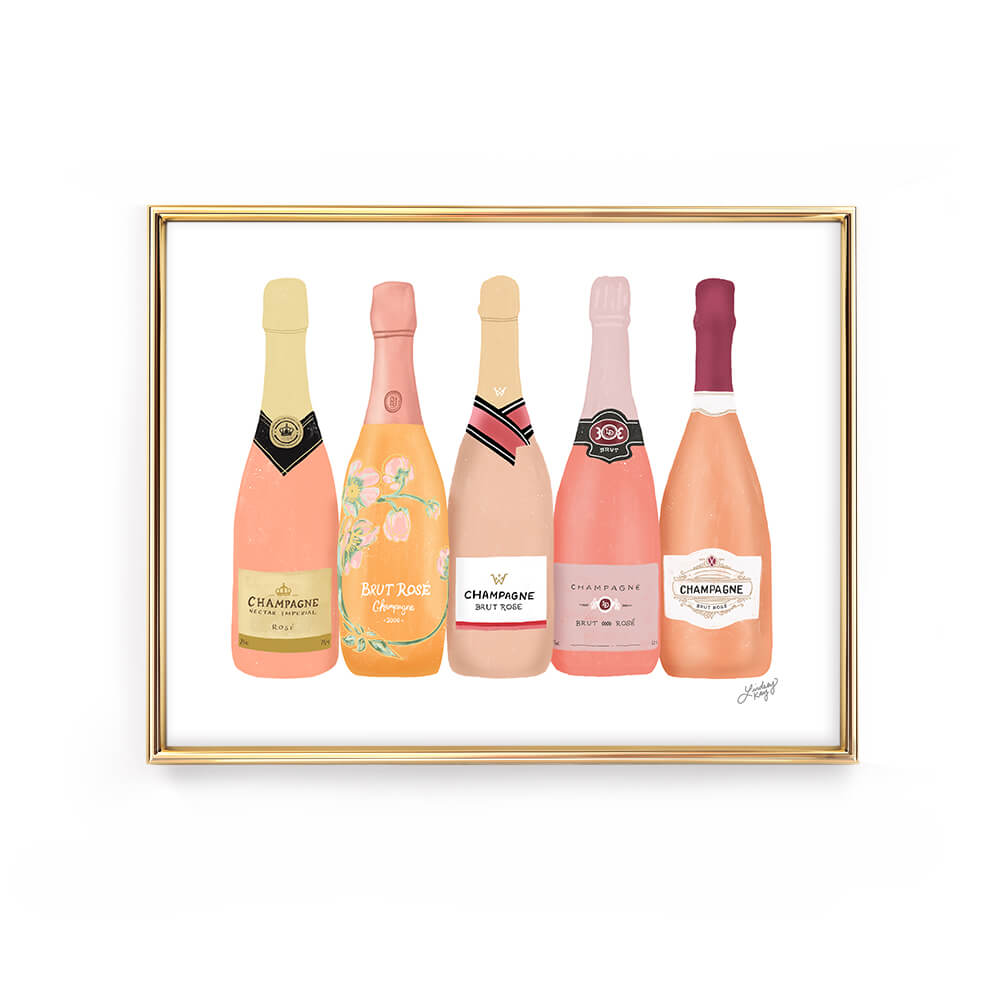Hand drawn champagne bottles art print by Lindsey Kay Collective. Perfect for bar cart décor, kitchen walls, or gallery displays. Printed on enhanced matte paper and available in multiple sizes. Stylish gift for champagne lovers and party hosts.