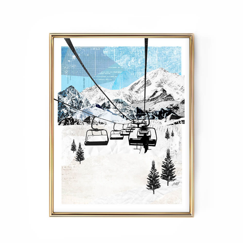 Snowy landscape collage art print by Lindsey Kay Collective – abstract winter wall art made from vintage paper – available with or without ski lift – rustic mountain decor perfect for cabins, ski homes, or cozy gallery walls – printed on enhanced matte paper with vibrant inks – available in multiple sizes