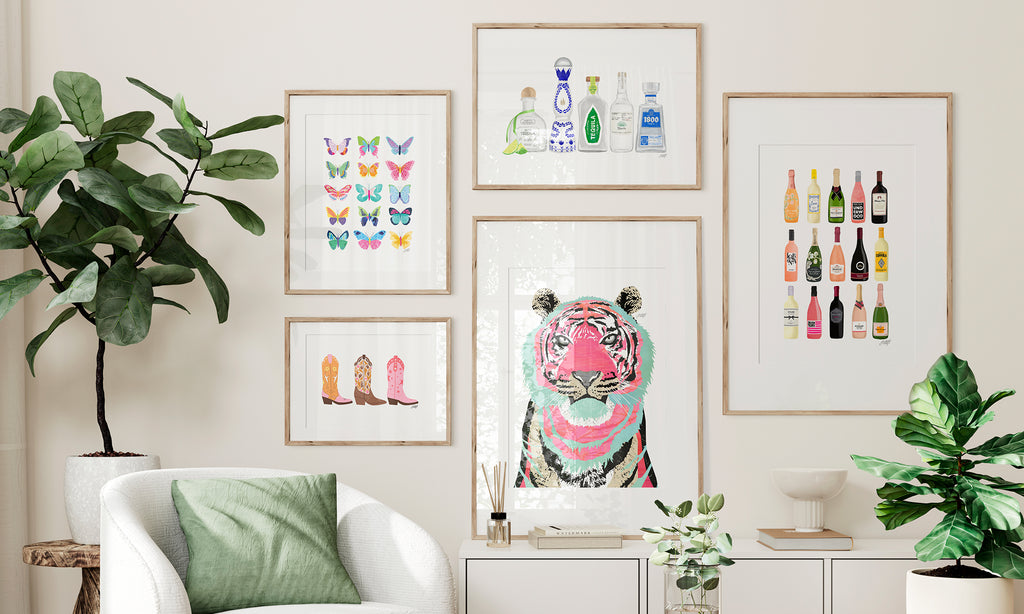 art prints, posters, alcohol, butterflies, tequila, trendy, colorful, lindsey kay co, lindsey kay collective, collage, inspirational, gallery wall, female owned business, denver colorado, tiger, animals, poster, art, wall art